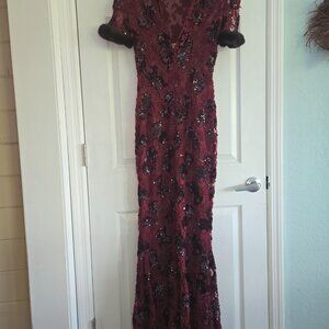Gown By Peggy Jennings Burgundy Bead/Fur Gown Size XS/s